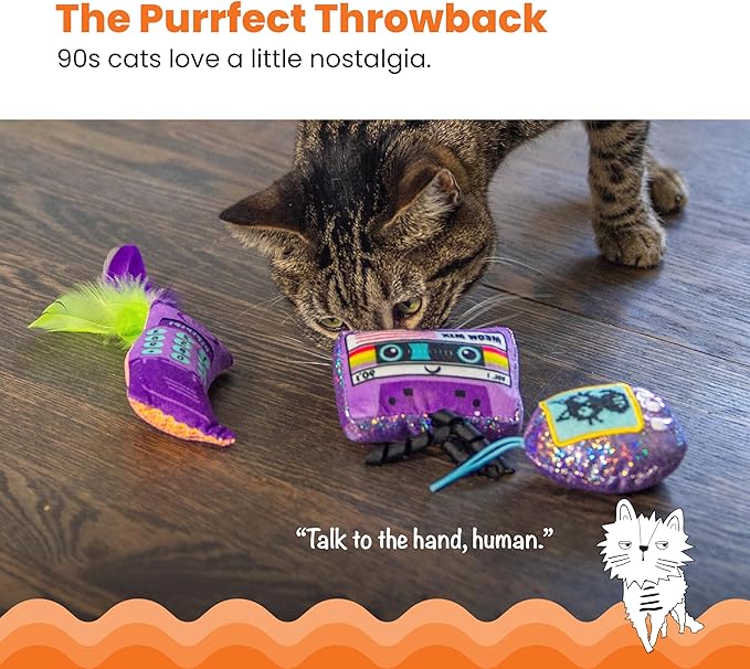 Catstages So Meowsome 90s Cat Toys, 3-Pack Catnip Plush Toys with Crinkle, Feathers & Dental Mesh, Multicolored