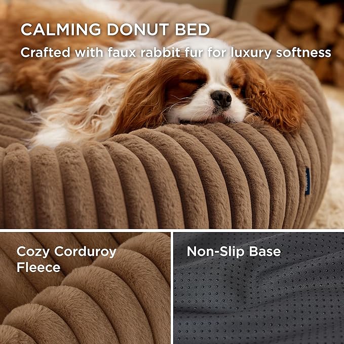 Bedsure Donut Large Dog Bed - Washable Faux Fur with Corduroy Fleece & Anti Slip Bottom, Round Pet Bed with Removable Cover, Copper Brown, 36x36x10 inches