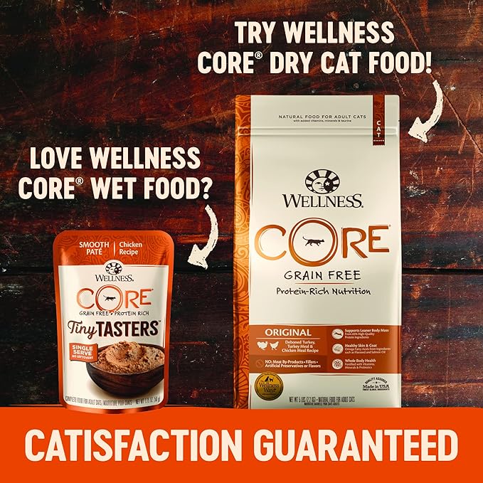 Wellness CORE Tiny Tasters Pate Adult Wet Cat Food, Natural, Protein-Rich, Grain Free, 1.75 Ounce Pouch, 12 Pack (Chicken & Beef)