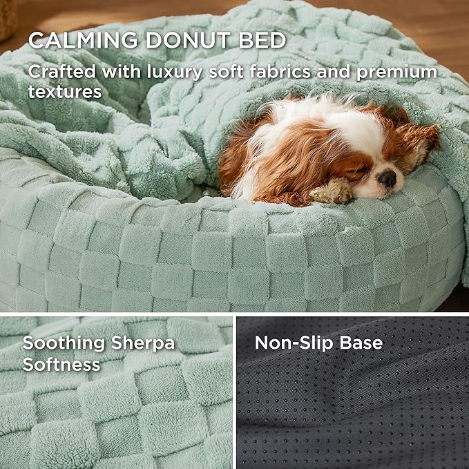 Bedsure Dog Bed for Small Dogs - Donut Pet Bed for Puppy Kitten with Anti Slip Bottom, Round Sherpa Dog Beds with Washable Removable Cover, Garden Green, 23x23x8 inches