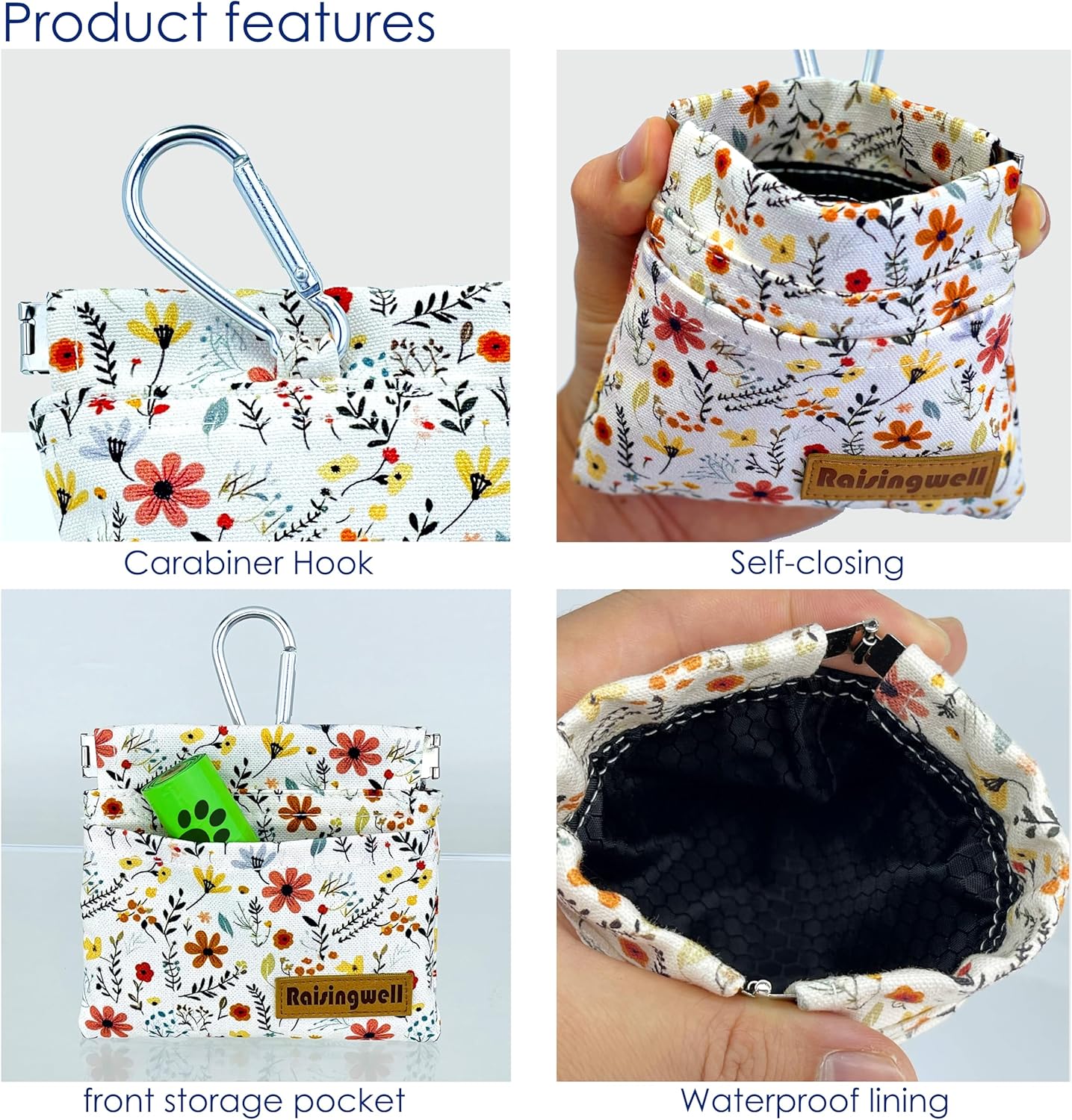 Dog Treat Pouch, Small Cotton Pocket Sized Training Holder, Hand Free Walking Funny Bag with Carabiner, Self-Closing Pet Feed Snack Reward, Behavior Aids for Puppy Travel or Outdoor Use