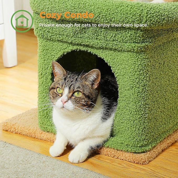 PEQULTI Cat Tree Cactus Cat Tower for Indoor Cats with Private Cozy Cat Condo, Natural Sisal Scratching Posts and Plush Pom-pom for Small Cats Green