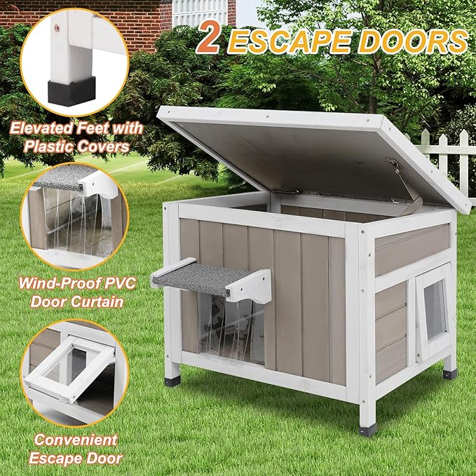 Outdoor Cat House for Feral Cats, Weatherproof Solid Wood Cat Shelter with Open Roof, Easy Assembly Shelter for Outdoor Cats and Small Animals, 22.44"x18.43"x17.52"