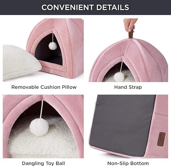 Bedsure Cat Beds for Indoor - 2 in 1 Cat Cave House Tent for Kittens and Small Pets with Removable Washable Cushioned Pillow, Foldable Kitten Hideaway with Non-Slip Bottom, Pink, 17.3 inches