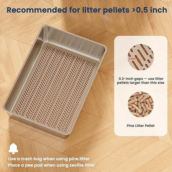 23.6" x 15.7" x 11.8" TIUUBT Stainless Steel Sifting Litter Box for Pine Pellets, Large Sifting Cat Litter Box with Sifter, High Side for Big Cats, Anti-Leakage, Odor Control, Includes Scooper