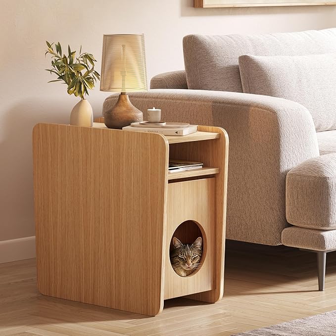 WERMO 12'' Cat Hideaway Side Table - Cat House for Indoor Cats and Enclosed Bed Cave and Hideout for Small Pets with Magazine Holder & Storage Doubling as Narrow End Table, Wood Night Stand (Oak)