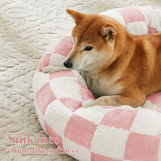 Checkered Dog Bed, Cute Girly Pink Retro Style Aesthetic Round Warming Pet Calming Beds for Small Dog and Cats, Plush Cozy Donut Dog Beds Washable, 30" L x 30" W x 8" Th