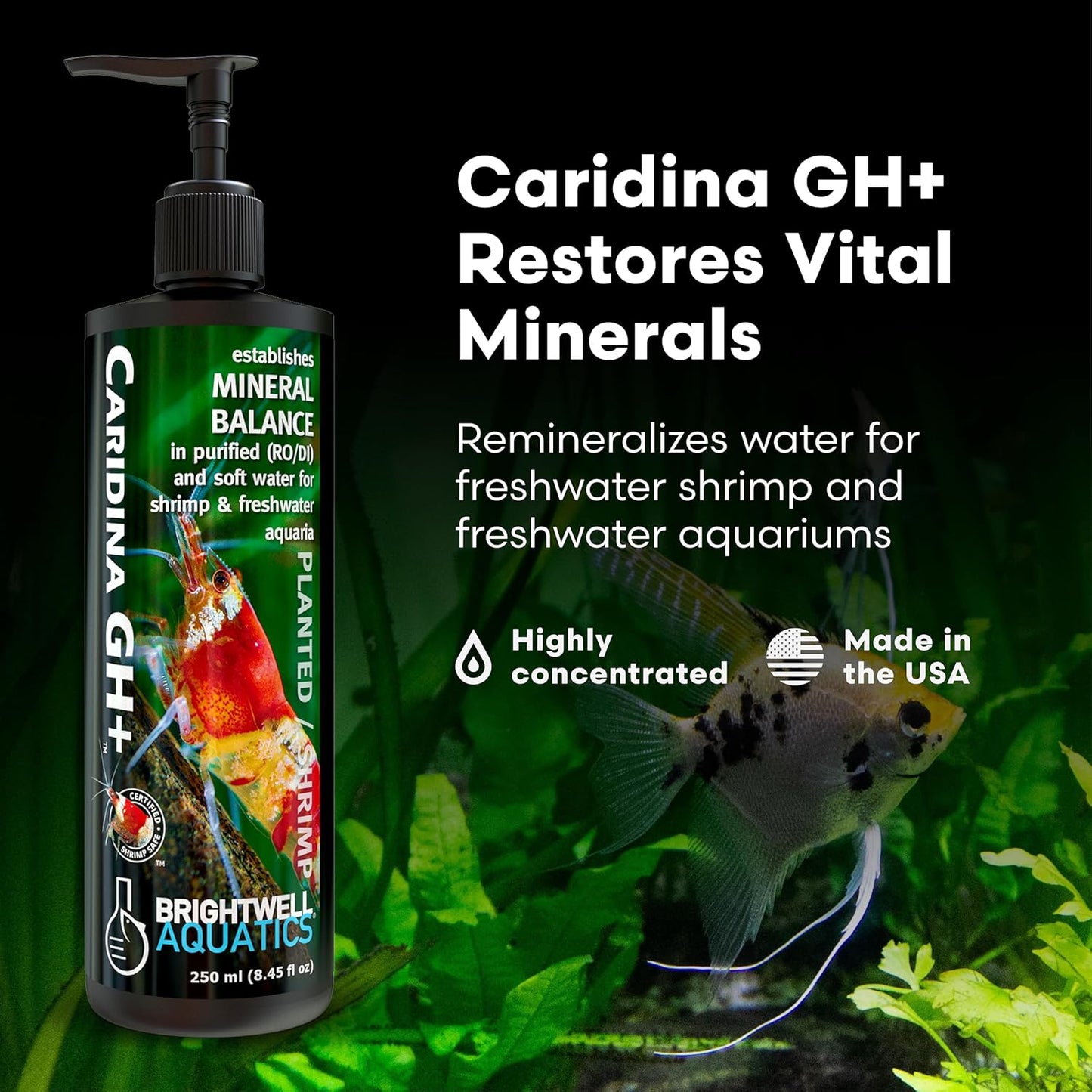 Brightwell Aquatics Caridina GH+ Mineral Supplement Restores Calcium Magnesium Potassium Sodium in Soft RO/DI Water for Shrimp Breeding and Plant Health, 500 ml