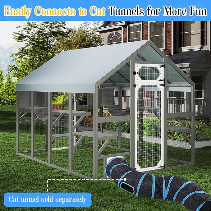 Extra Large Catio Outdoor Cat Enclosure for Multiple Cats, Wooden Walk-in Cat House with 2 Bridges, Window Connection, 2 Resting Boxes, 8 Platforms, Walks and Weatherproof Roof Cover