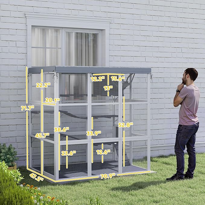 PawHut Catio Outdoor Cat Enclosure, Large Luxury Cat House Outside with Hammock, Condo, Jump Platforms, Ladders, Ramps, Tarp, Walk in Cat Cage for 2-4 Large Cats, 71"