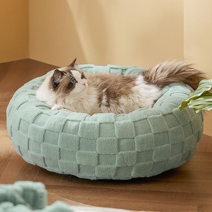 Bedsure Cat Beds for Indoor Cats - Donut Dog Beds for Small Dogs Puppy Kitten with Anti Slip Bottom, Round Sherpa Pet Beds with Washable Removable Cover, Garden Green, 20x20x6 inches