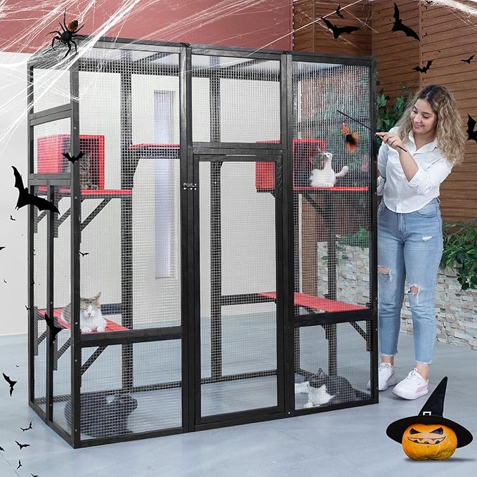 71Inches Large Wood Catio Outdoor Cat Enclosure with Perches and Condos, Cat House Indoor with Waterproof Roof, Cat Shelter 7 Platforms & 2 Resting Box, UV Resistant (Gothic)