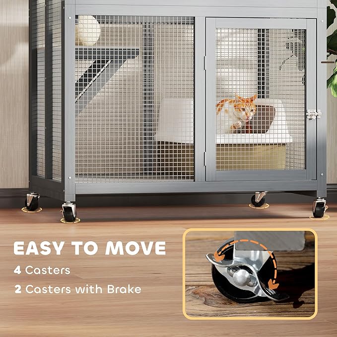 PawHut 74" Wooden Catio Outdoor Cat Enclosure Weatherproof & Wheeled, Outside Cat House with High Weight Capacity, Kitten Cage Condo, Dark Gray