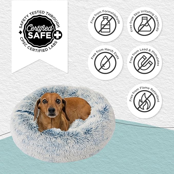 Best Friends by Sheri Original Calming Donut Dog and Cat Bed, Shag Faux Fur, Denim Blue, (23in x 23in) - Anxiety Relief for Pets Up to 25 lbs