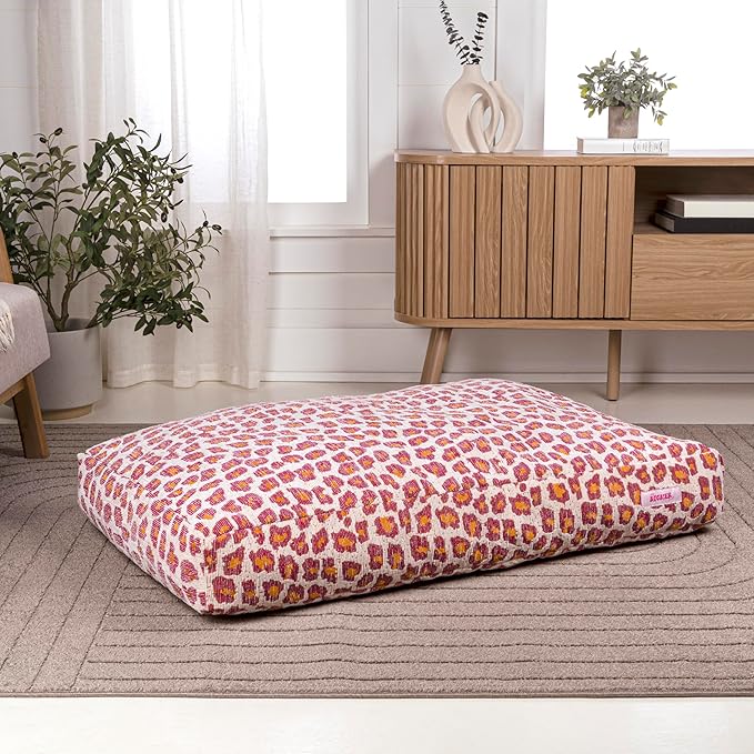 DBD3001F-M Mabel 35" x 23" Designer Modern Ultra Soft Reversible Plush Rectangular Pet Bed with Washable Cover, Raspberry Leopard