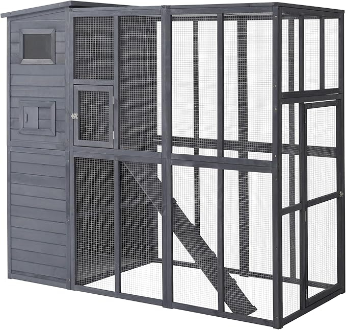 PawHut Outdoor Catio, Cat House Wooden Feral Cat Shelter, Cat Cage with Platforms, Waterproof Asphalt Roof, Ramps, 77" L, Gray