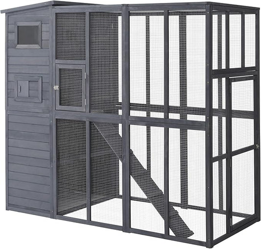 PawHut Outdoor Catio, Cat House Wooden Feral Cat Shelter, Cat Cage with Platforms, Waterproof Asphalt Roof, Ramps, 77" L, Gray