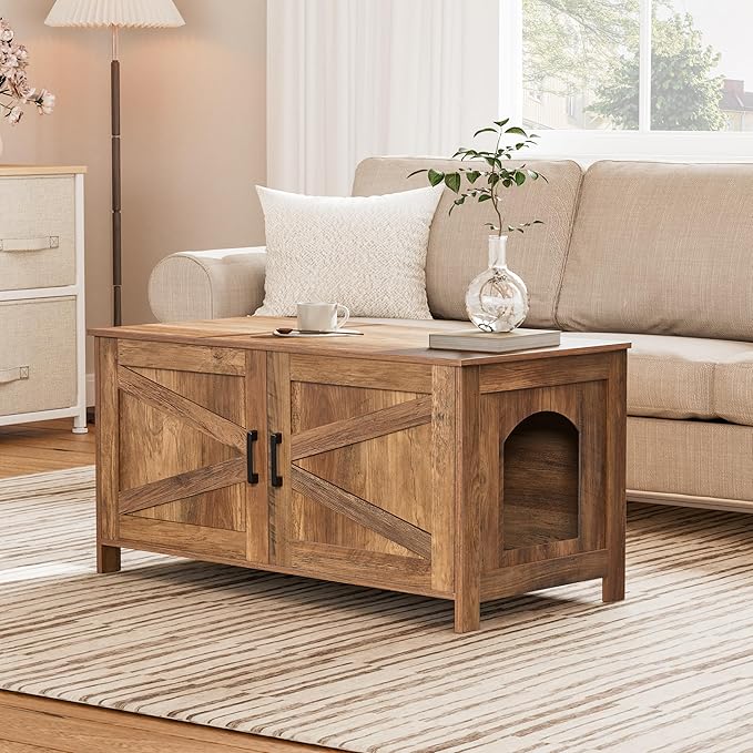 Homhedy 39.4" L Cat Litter Box Enclosure, Pet House with Barn Door,Wooden Cat Washroom Furniture,Fit Most of Litter Box, Rustic Walnut