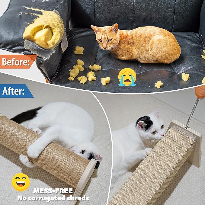 PETKARAY Horizontal Scratching Post, 30" Sisal Cat Scratch Post, Large Cat Scratcher with Spring Toy, Protect Furniture for Indoor Kitten