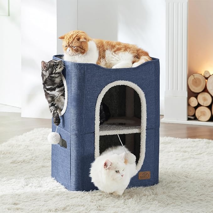 Bedsure 2 Story Cat House - Cat Condos for Indoor Cats with Scratch Pad and Fluffy Ball Hanging, Small Pet Cave Furniture Hideaway for Multi Pets, 18x14x23 inches, Blue