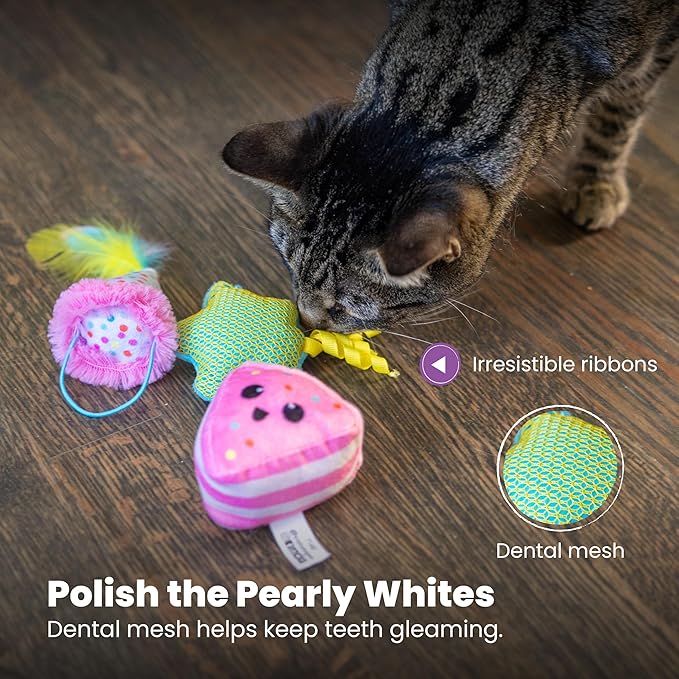 Catstages Happy Purrthday Cat Toys, 3-Pack Catnip Plush Toys with Crinkle, Feathers & Dental Mesh, Multicolored