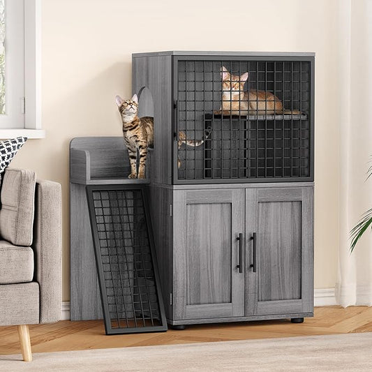 Cat Litter Box Furniture, Modern Cat Cabinet with Side Door, Double Layer Hidden Litter Box Enclosure & Pet House, Villa Style Cabinet with Side Door and Ladder for Indoor Cats