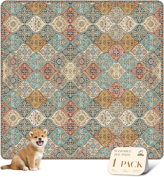 nunubaby Washable Pee Pads for Dogs, Stylish, Non-Slip and Leak-Proof Pee Pads. Reusable Potty Pads for Dogs for Crates and Floors.(Cream/Multi, 72" x72" )