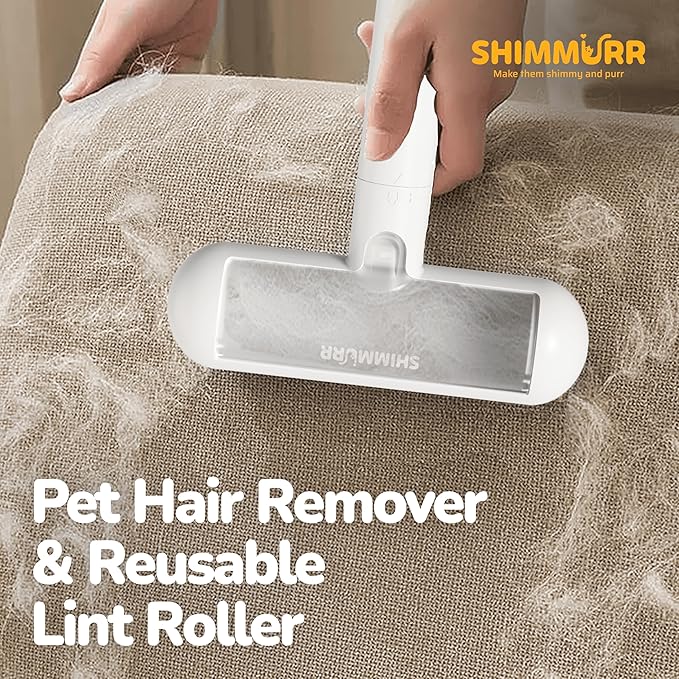 Reusable Pet Hair Remover - Lint Roller for Dog & Cat Fur - for Furniture, Carpet, Clothing - Detachable Handle (White)