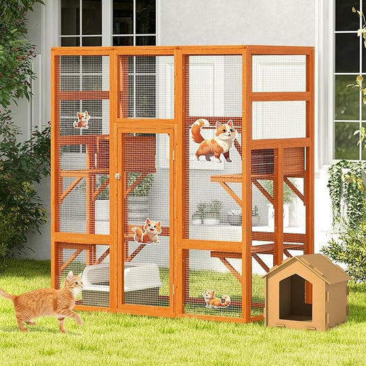 COZIWOW 70Inches Large Spacious Wooden Outdoor Catio with Perches and Condos, Cat Catio Enclosures Indoor Kitty Window Kennel with Waterproof Roof, 7 Platforms & 2 Resting Box, UV Resistant(Orange)
