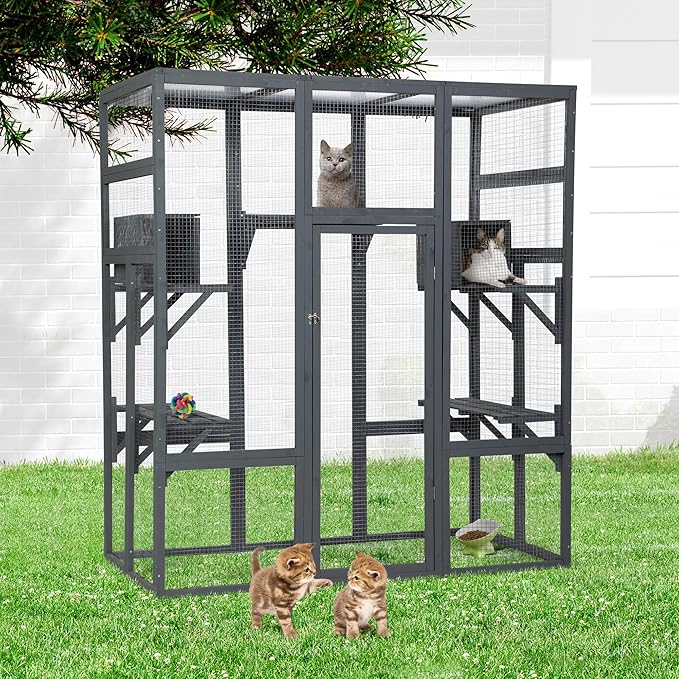 Large Stylish Wooden Catio Outdoor Cat Enclosure Cat Cage & Run Enclosures Indoor Kitty Window Catio with Waterproof Roof, 7 Platforms & 2 Resting Box, UV Resistant, 62.4" L x 32.4" W x 70" H (Grey)