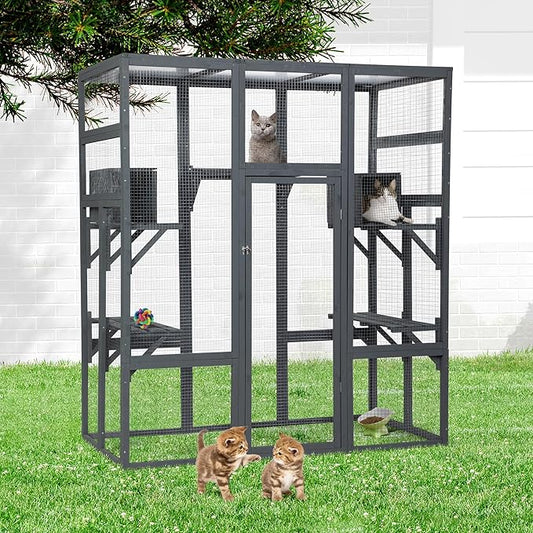 Large Stylish Wooden Catio Outdoor Cat Enclosure Cat Cage & Run Enclosures Indoor Kitty Window Catio with Waterproof Roof, 7 Platforms & 2 Resting Box, UV Resistant, 62.4" L x 32.4" W x 70" H (Grey)