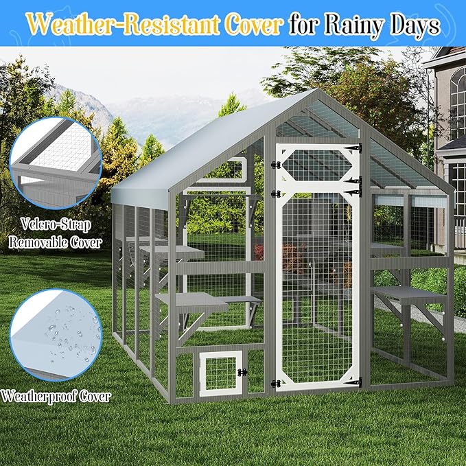 Extra Large Catio Outdoor Cat Enclosure for Multiple Cats, Wooden Walk-in Cat House with 2 Bridges, Window Connection, 2 Resting Boxes, 8 Platforms, Walks and Weatherproof Roof Cover