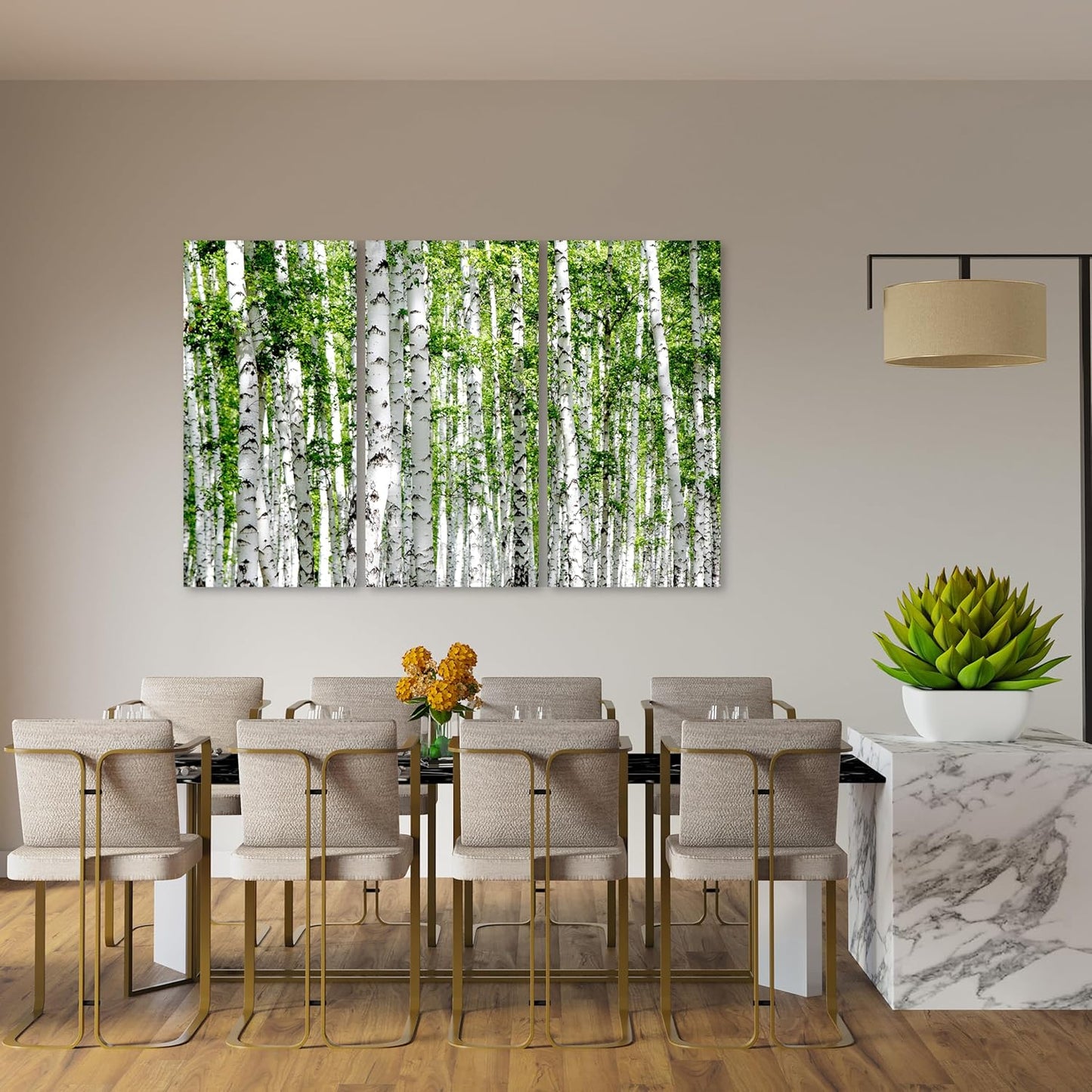 Nature Wall Art Prints - Ocean Forest Mountain Lake Canvas Landscapes - Small to Extra Large Living Room Bedroom Kitchen Bathroom Décor (Green Brich Trees, 55L" x 83W"- 3 Panels)