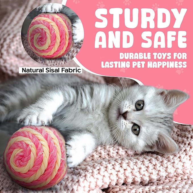 Cutie's PetBox 3-Pack Sisal String Rattle Ball Toy for Indoor Cats - All Natural Woven Fibers, Assorted Colors, 1.7" Size