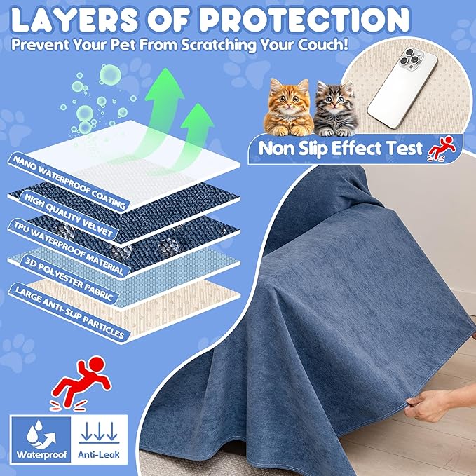 Cat Scratch Furniture Protector - Anti-Slip, Waterproof Sofa Cover to Keep Cats Off, Pet-Friendly Couch Protectors for 3 Cushion Couch, Anti-Scratch Couch Cover for Pets and Kids 118"X71"Navy Blue