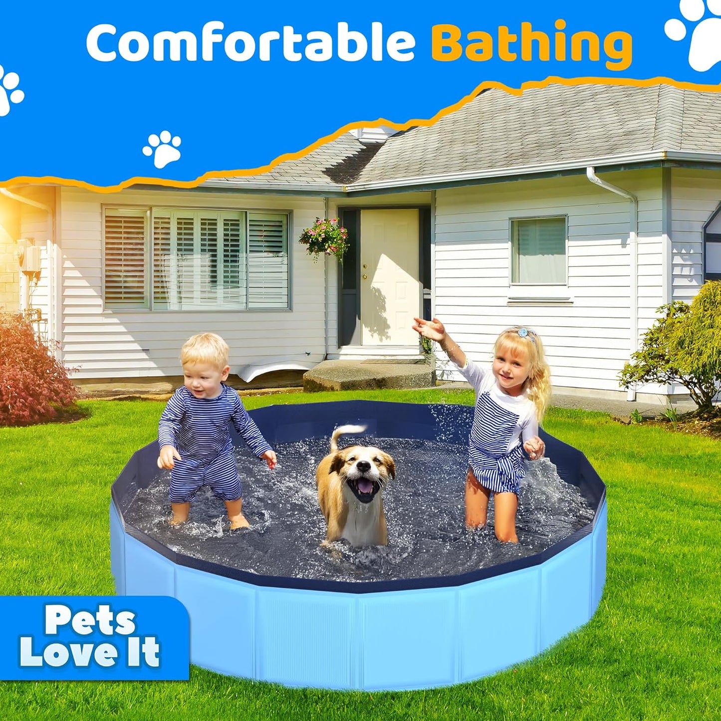 48" x 12" Foldable Dog Pool - Collapsible Hard Plastic Kiddie Pool for Dogs & Kids, Non-Slip Pet Bath Tub for Outdoor Backyard Use, Lightweight & Portable (Blue)