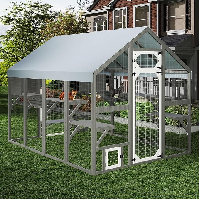 Extra Large Catio Outdoor Cat Enclosure for Multiple Cats, Wooden Walk-in Cat House with 2 Bridges, Window Connection, 2 Resting Boxes, 8 Platforms, Walks and Weatherproof Roof Cover