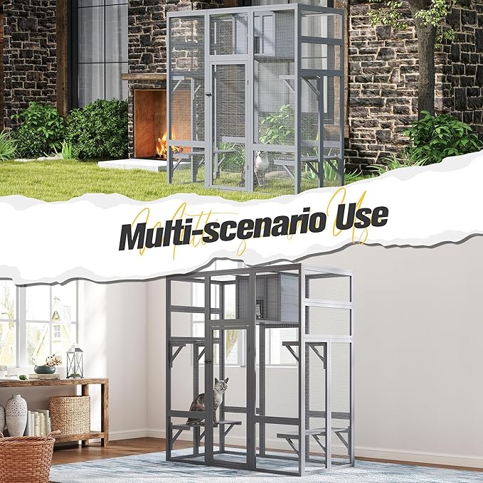 COZIWOW Upgraded Extra Large Outdoor Catio Enclosure with 4-Way Pet Door, Insulated Cat House, Weatherproof PVC Cover, Window Attachable, Gray