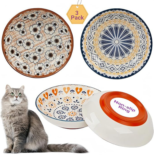 3-Pack Ceramic Cat Food Bowl, Non-Slip Whisker Fatigue Cats Bowl, 5.5” Shallow Dish for Food, Boho Flat Kitten Bowls, Small Kitten Plates for Indoor Cats with Silicone Bottom