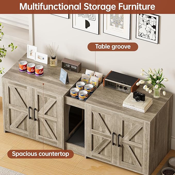 Cat Litter Box Enclosure Furniture - Hidden Litter Box Double Cabinet with Scratch Pad & Cats Bed | Farmhouse Style End Table for Cats | Discreet Cat Washroom for Living Room & Bedroom Grey