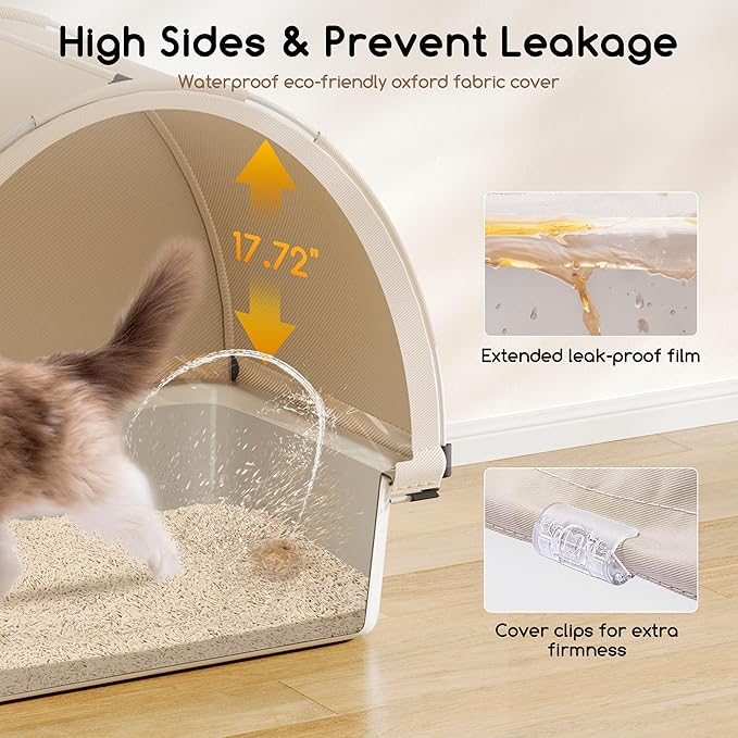 Meowant Stainless Steel Cat Litter Box, Extra Large 3-in-1 Covered Litter Box with High Sided Oxford Fabric Cover & Extendable Litter Scoop, Leakproof, Odor Resistant, Non-Sticky, Easy Cleaning