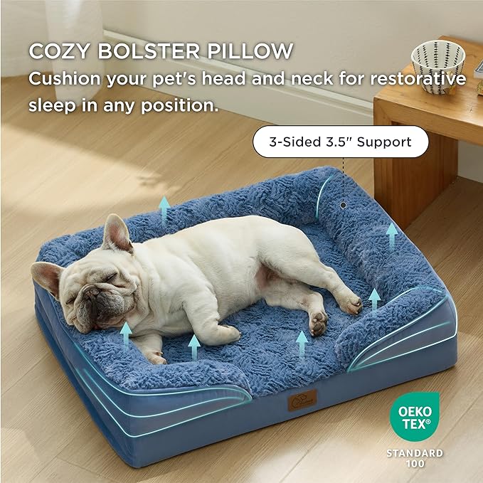 Bedsure Orthopedic Dog Bed Medium Size Dogs - Washable Medium Dog Cat Bed Waterproof, Comfort Pet Couch Sofa with Washable Removable Cover, Pets Bed with Nonskid Bottom, Plush-Blue, 28"