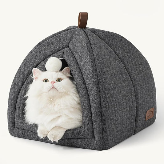 Bedsure Cat Beds for Indoor - 2 in 1 Cat Cave House Tent for Kittens and Small Pets with Removable Washable Cushioned Pillow, Foldable Kitten Hideaway with Non-Slip Bottom, Dark Grey, 16 inches