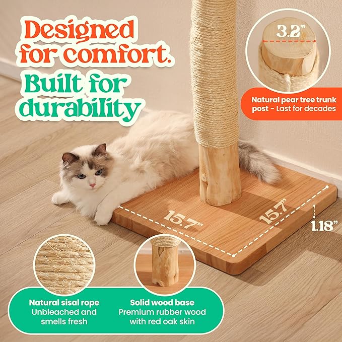 Premium 35" Cat Scratching Post – Natural Pear Wood, Sisal Rope, Rubber Wood Base with Oak Skin, Ideal for Large Cats, Free Rope Replacement