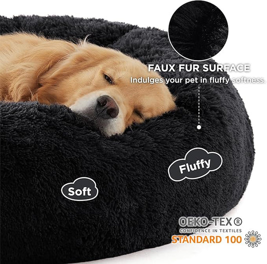 Bedsure Calming Dog Bed for Extra Large Dogs - Donut Washable Large Pet Bed, 45 inches Anti-Slip Round Fluffy Plush Faux Fur Dog Bed, Fits up to 120 lbs Pets, Black