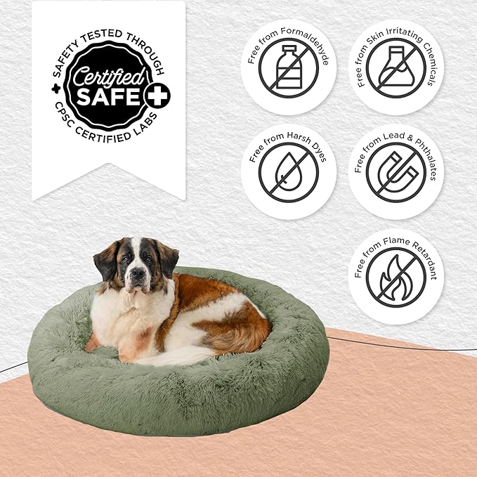 Best Friends by Sheri Original Calming Donut Dog and Cat Bed, Shag Faux Fur, Sage Green, XL (45in x 45in) - Anxiety Relief for Pets Up to 150 lbs