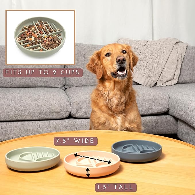 The Slowdown Bowl Silicone Slow Feeder for Dogs & Puppies, Slow Eating Modern Lick Mat Design Reduces Gulping, Fits 2 Cups 7.5” Across x 1.5” Tall, Mealtime Challenge, Medium-Blush