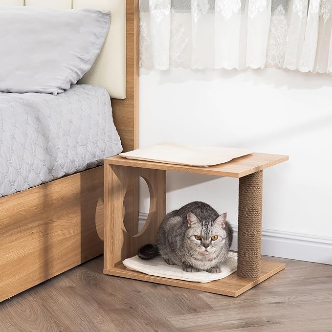 Modern Cat Tree & Condo - Natural Wooden Cat House Indoor with Cozy Kitten Bed, Elevated Perch & Integrated Scratching Post - Stylish Cat Furniture (18.3" D x 14.6" W x 14.6" H)