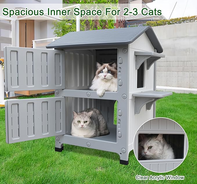 Rockever Luxury Plastic Outdoor Indoor Cat House with Escape Door, Waterproof 2 Story Outdoor Houses for Feral Cats Outside Cat Shelter, Spacious, Clean and Assemble Easily