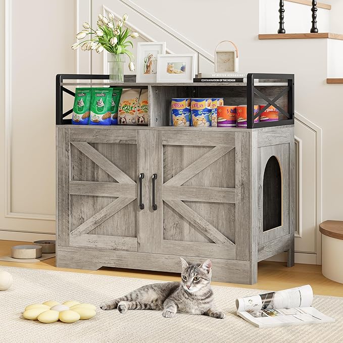 Cat Litter Box Enclosure, Ultra-Large Hidden Litter Box Furniture with Top Opening, Anti-Tipping Fence and 2 Open Drawers, Litter Box Cabinet End Table, Grey